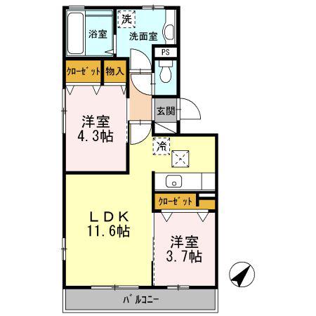 ルクプルA棟(2LDK/1階)の間取り写真