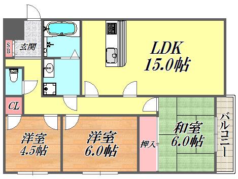 グリーンコート野間(3LDK/2階)の間取り写真