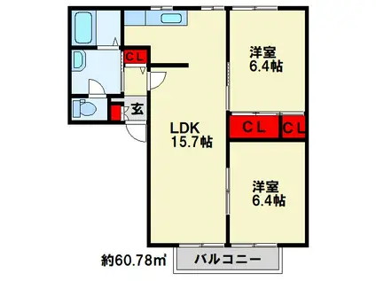 Kフラット A棟(2LDK/2階)の間取り写真