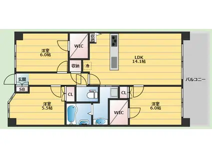 リバーガーデン千里中央 あかり絵のみちB棟(3LDK/2階)の間取り写真