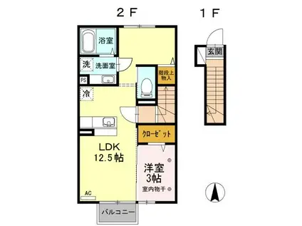 ブルーシエル B棟(1LDK/2階)の間取り写真
