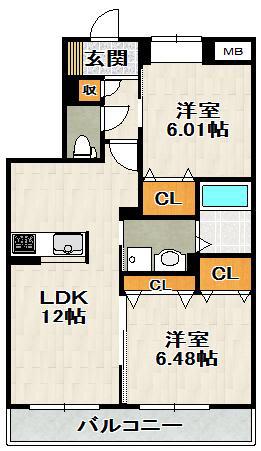 ベレオ宝塚 B棟(2LDK/2階)の間取り写真