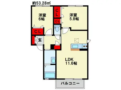 ヴィラシャーメゾン行橋 セコンド(2LDK/2階)の間取り写真