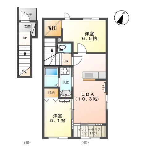 ＪＲ鹿児島本線 鹿児島駅 バス乗車時間：35分 最寄りバス停で下車 徒歩2分 2階建 築6年(2LDK/2階)の間取り写真