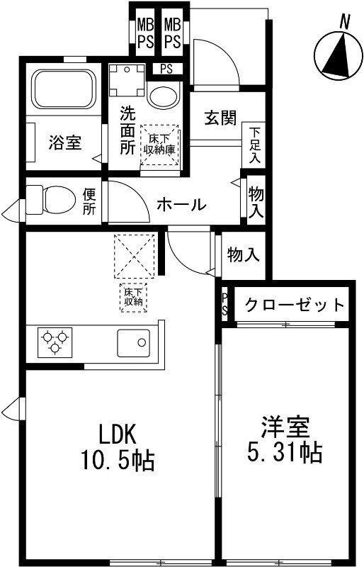 ラベルヴィ聖蹟(1LDK/1階)の間取り写真