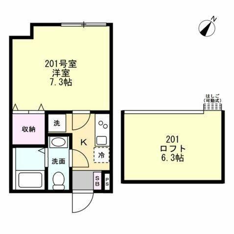 ベイルーム六会(1K/2階)の間取り写真