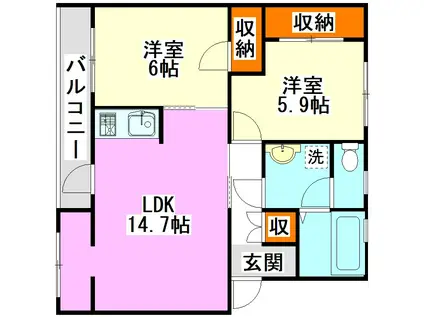 コーモド桜ヶ丘 B棟(2LDK/2階)の間取り写真