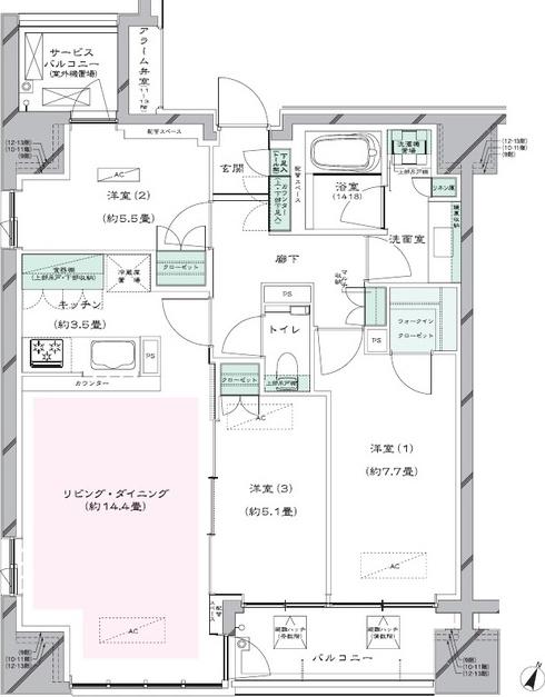 レジデンス二番町(3LDK/13階)の間取り写真