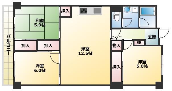 シキボウスターハイツ西宮北口(3LDK/3階)の間取り写真