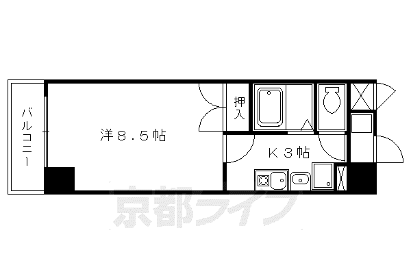 烏丸五条悠(1K/3階)の間取り写真