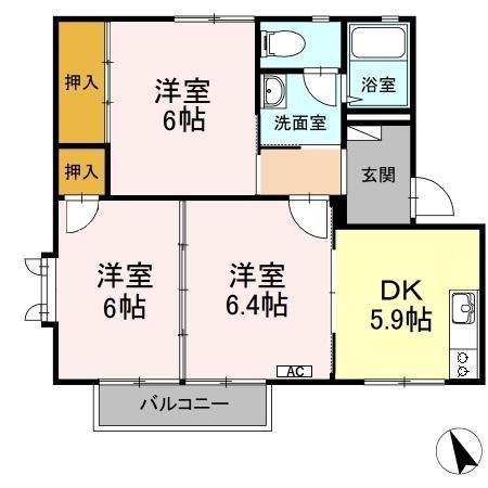 ボヌール羽屋D(3DK/2階)の間取り写真