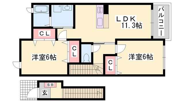 エーデル緑ヶ丘 D棟(2LDK/2階)の間取り写真