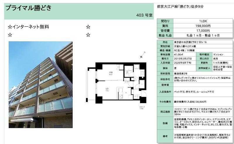 プライマル勝どき(1LDK/4階)の間取り写真