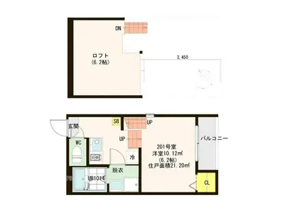 ハーモニーテラス中倉II(1K/2階)の間取り写真