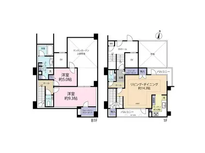 ブリリア中央図書館前 TWIN PATIO(2LDK/1階)の間取り写真