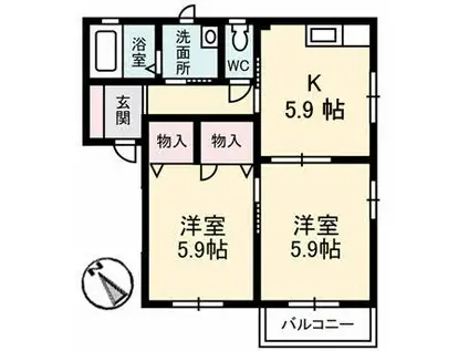 パルクマンションⅡ棟(2K/2階)の間取り写真
