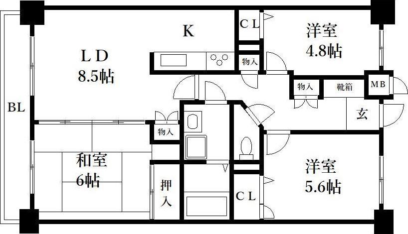 アミティエ博多駅南(3LDK/2階)の間取り写真