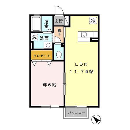 オーク上富野(1LDK/2階)の間取り写真
