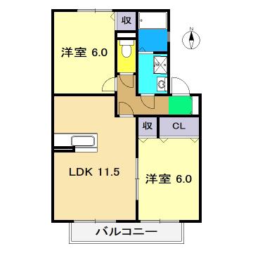ウィルモア柿ノ内(2LDK/2階)の間取り写真