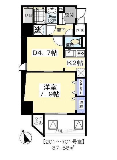 ベルコート(1DK/2階)の間取り写真