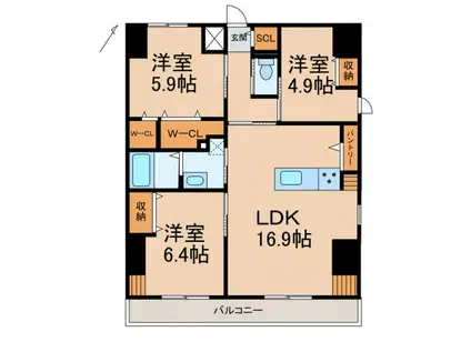 ワシンレジデンス(3LDK/9階)の間取り写真