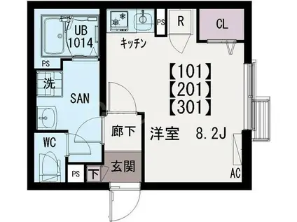 イクシオ六月(ワンルーム/2階)の間取り写真