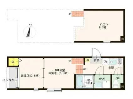 ハーモニーテラス長町南(2K/1階)の間取り写真