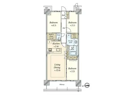 パークホームズLALA名古屋みなとアクルスガーデンスクエア(3LDK/4階)の間取り写真