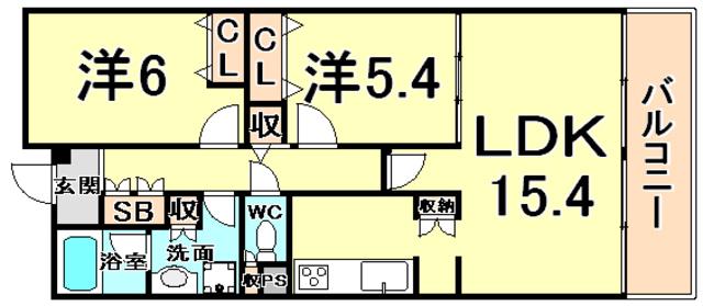 甲子園三番町ハイツ(2LDK/5階)の間取り写真