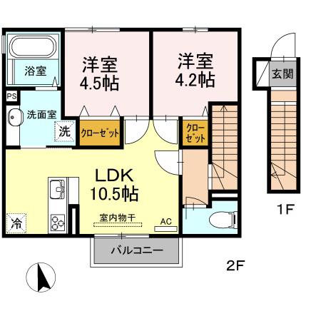 GRAND SOLEIL B棟(2LDK/2階)の間取り写真