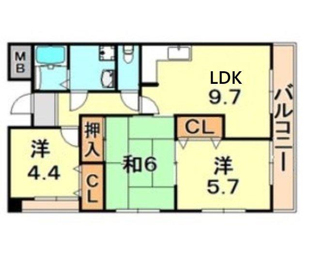 グリーンコート若草(3LDK/4階)の間取り写真