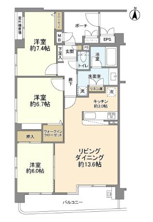 マーベラス東小金井(3LDK/4階)の間取り写真