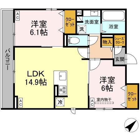 アーバングレイス宮千代1丁目 II(2LDK/3階)の間取り写真