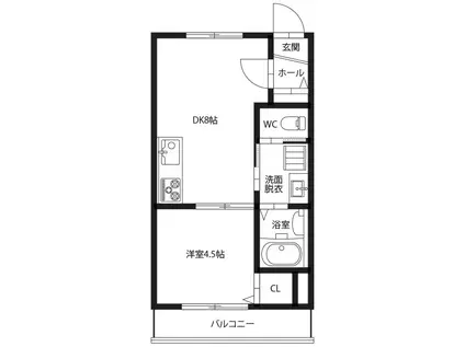 ピース・エルヴィータB棟(1DK/2階)の間取り写真