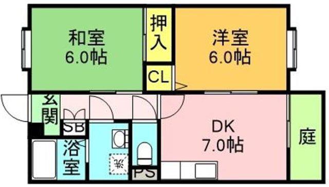 イーストビレッジ北野A(2DK/1階)の間取り写真