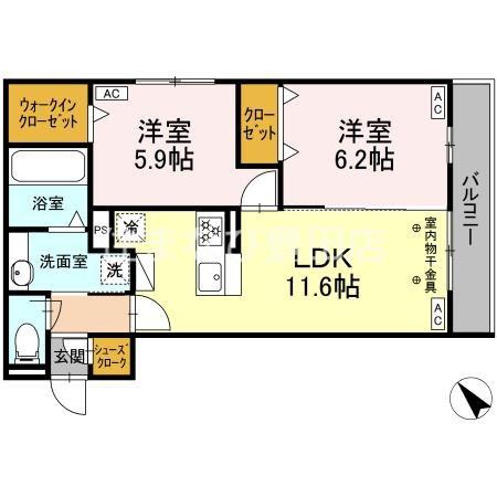 GRAND D-ROOM 花園(2LDK/3階)の間取り写真