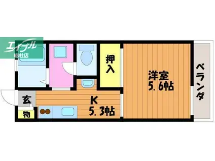 ドミール西口A棟(1K/2階)の間取り写真