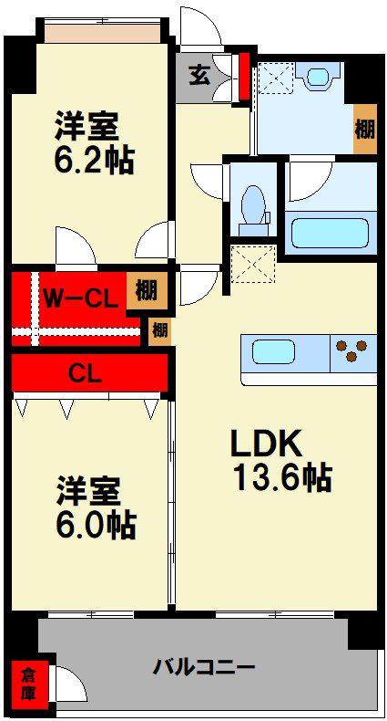 ニューガイア飯塚北(2LDK/9階)の間取り写真