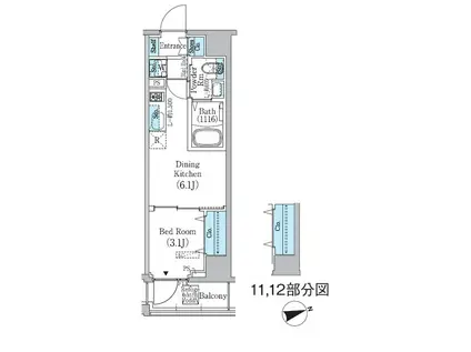 プライムブリス東中野駅前(1DK/11階)の間取り写真