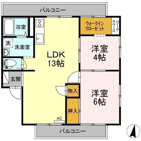 エバーグリーン手城A棟(2LDK/2階)の間取り写真