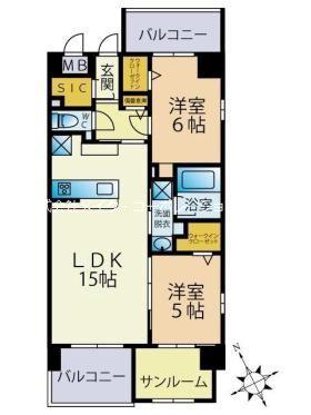 西鉄天神大牟田線 高宮駅(福岡) 徒歩5分 9階建 築2年(2LDK/2階)の間取り写真