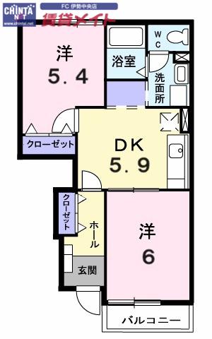 メゾン・プリューヌ II棟(2DK/1階)の間取り写真