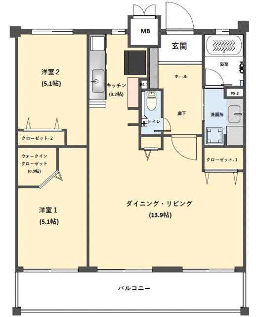 Dクラディア九品寺(2LDK/5階)の間取り写真