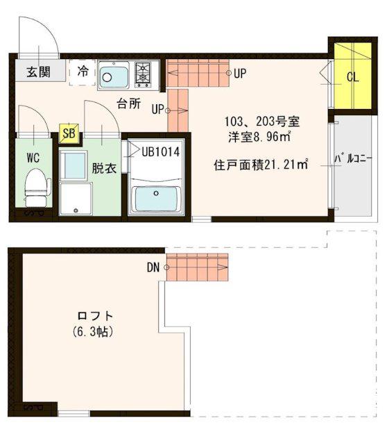 ハーモニーテラス箱崎宮前西(1K/2階)の間取り写真