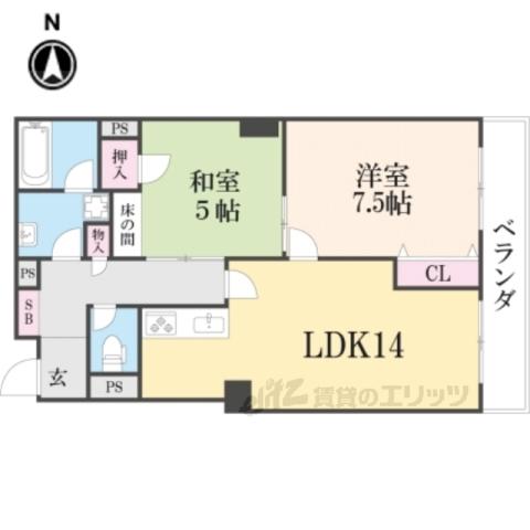 レヴィア北白川(2LDK/4階)の間取り写真