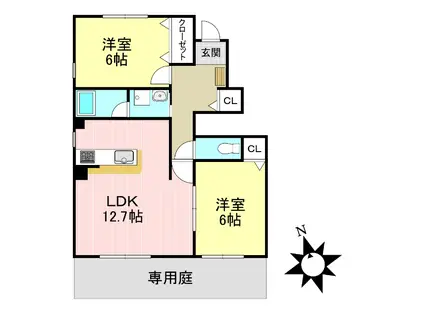 グランハイム B棟(2LDK/1階)の間取り写真