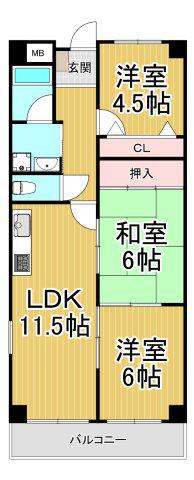 シャトレ鳴尾(3LDK/2階)の間取り写真