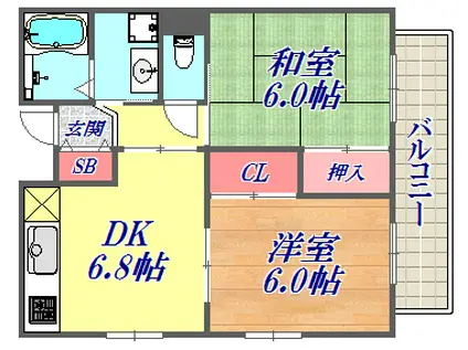 オークマンションむこの荘(2DK/4階)の間取り写真