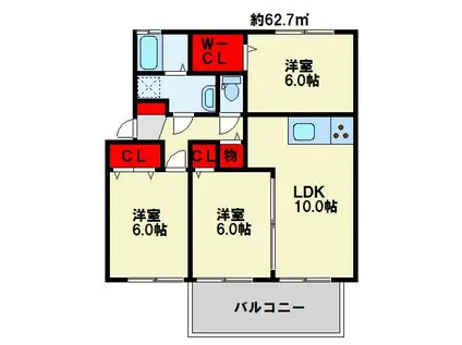 ラフィーネ水巻C棟(3LDK/2階)の間取り写真