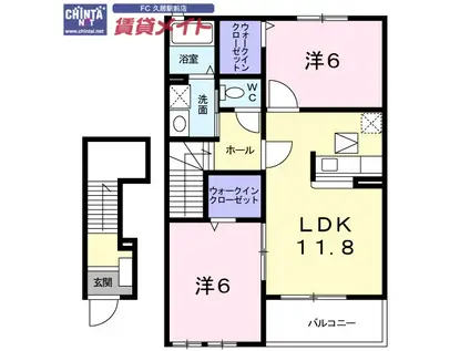 ルサルカB棟(2LDK/2階)の間取り写真